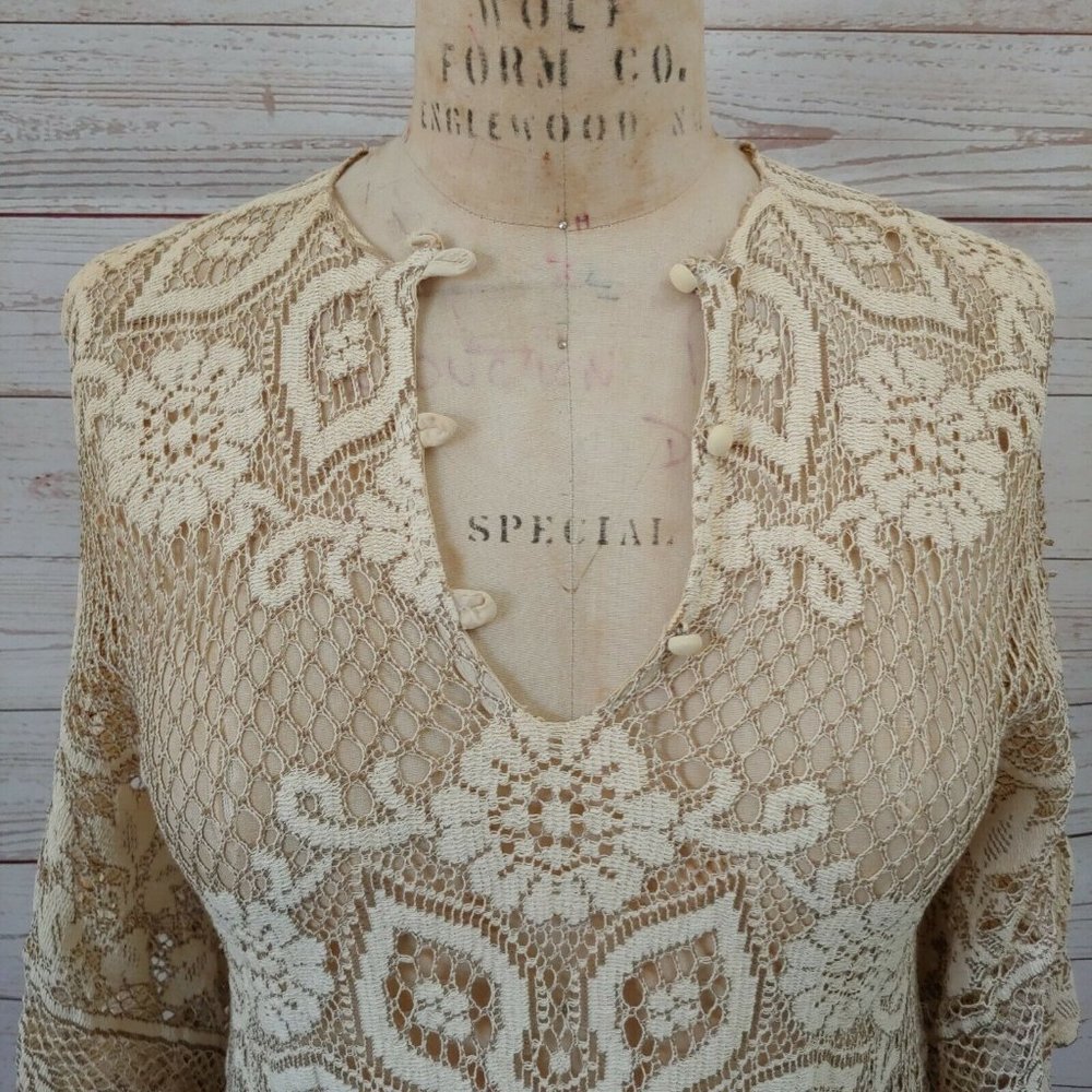 ❤️SOLD❤️Vintage 70s Womens Lace V Neck Bell Sleeve Tunic C - Picture 2 of 6